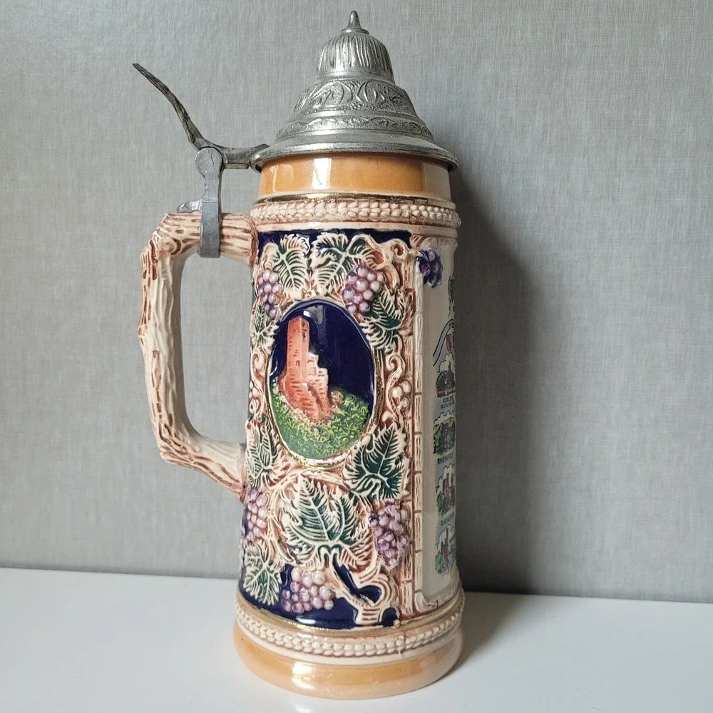 Vintage Thewalt German Beer Stein Lidded Der Rhein Map Castle Relief Handpainted
